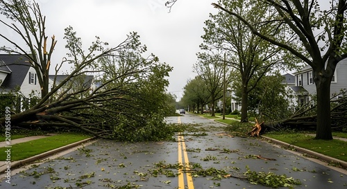Tree Fallen Over Street After Storm Damage.