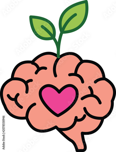 Mental Health and Personal Growth Concept Vector Icon with Brain, Heart, and Plant