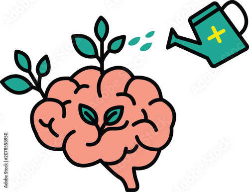 Nurturing Mental Health Concept: Watering a Brain with Growing Plants Vector
