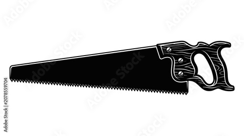 Konstfotografi Close-up of a sharp metal handsaw with ergonomic black handle and fine serrated teeth on white background
