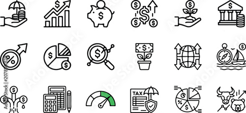 Money income line icon set. Pension fund, profit growth, piggy bank, finance capital minimal vector illustration. Simple outline signs for investment application. Art & Illustration