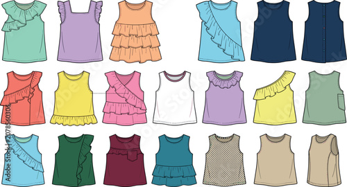 Girls summer blouse flat vector sketch illustration set featuring cute sleeveless tops with ruffles peplum hems tier layers and pattern accents (22 words)