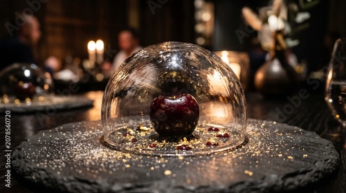 Macro view of exquisite gourmet dessert on dark slate plate with delicate transparent sugar glass dome covering single ripe dark cherry with edible gold leaf foil particles moody restaurant