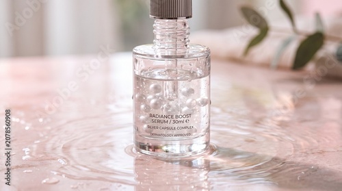Macro detailed view of futuristic transparent glass cosmetic dropper bottle with serum fluid and glowing silver vitamin micro capsules resting on wet light pink marble surface water ripples