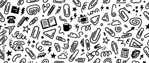 Doodle Office Supplies Pattern: Paperclips, Pencils, Books, Calculator, Coffee
