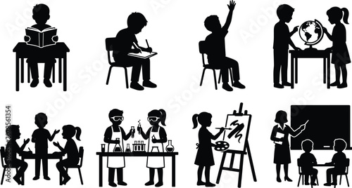 Tableau sur toile Black silhouettes icon set of school children and teachers engaged in various cl