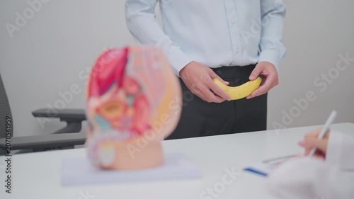 Male Reproductive System anatomy and Banana. Male Impotence consultation, Prostate Cancer, Enlarged prostate, Prostatitis disease, Infertility, Erectile dysfunction, Penis and genital disorder