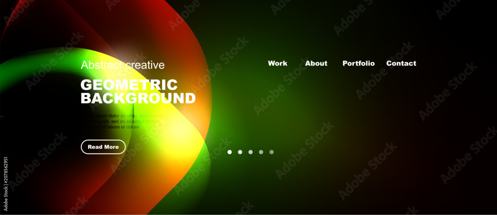 Fototapeta premium Dynamic geometric background features vibrant colors, gradients. Website header includes navigation options, button. Modern design aesthetic.