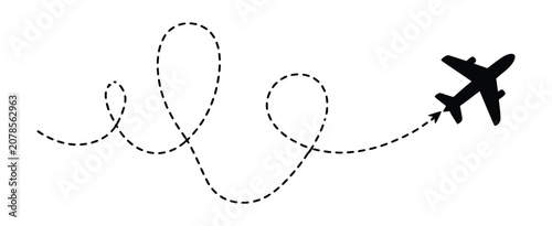 Quadro em tela Airplane icon with dashed flight path illustrating aviation navigation, travel r