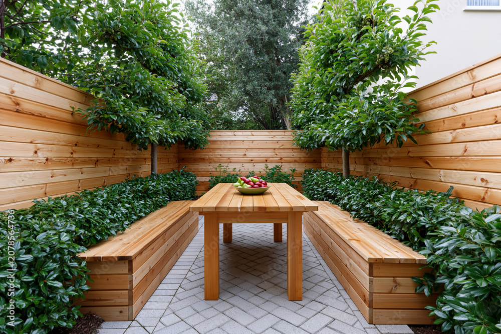 Fototapeta premium Modern outdoor patio area with wooden dining table and built-in benches