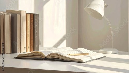 Sunlit Study Desk with Books and Open Notebook Minimal Learning Space