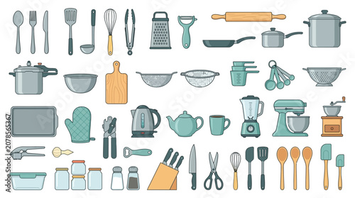 Kitchen Tools Set Isolated Vector Illustration Collection with Doodle Icons, Seamless Pattern Design and Fashion Accessory Sketch Style