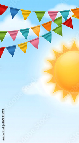 Colorful Party Banner with Festive Decorations on Sunny Day Celebration Background