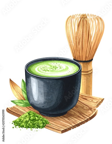 A serene green tea scene with a whisk and matcha powder