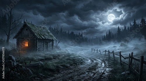 Spooky Stylized Countryside Cabin at Night Under Full Moon and Misty Forest