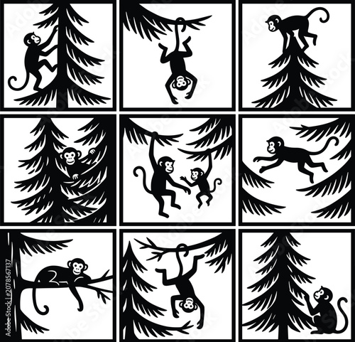 Photography Cute monkey jungle activity collection, playful primate forest cartoon scenes se