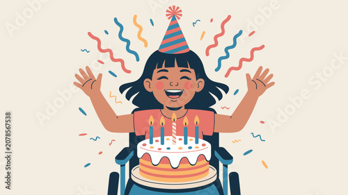 Happy girl in a wheelchair celebrating her birthday with a colorful cake and confetti while smiling with joy and excitement.