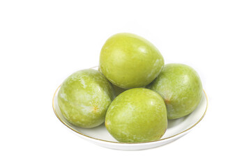 Fresh Green Plums on White Plate Studio Shot - Healthy Organic Fruit Photography