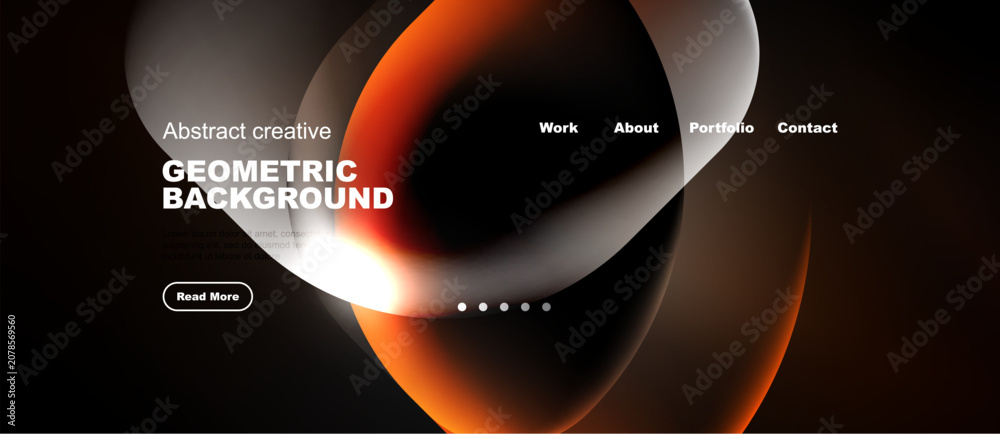 Naklejka premium Abstract design features overlapping shapes, warm colors, dark background. Website header includes navigation options, text elements.