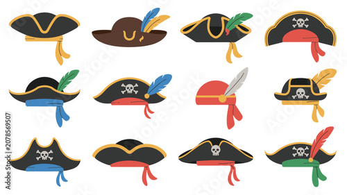 Collection of twelve different pirate hats and bicornes with feathers, skulls, and colorful bandanas is shown in a grid layout.