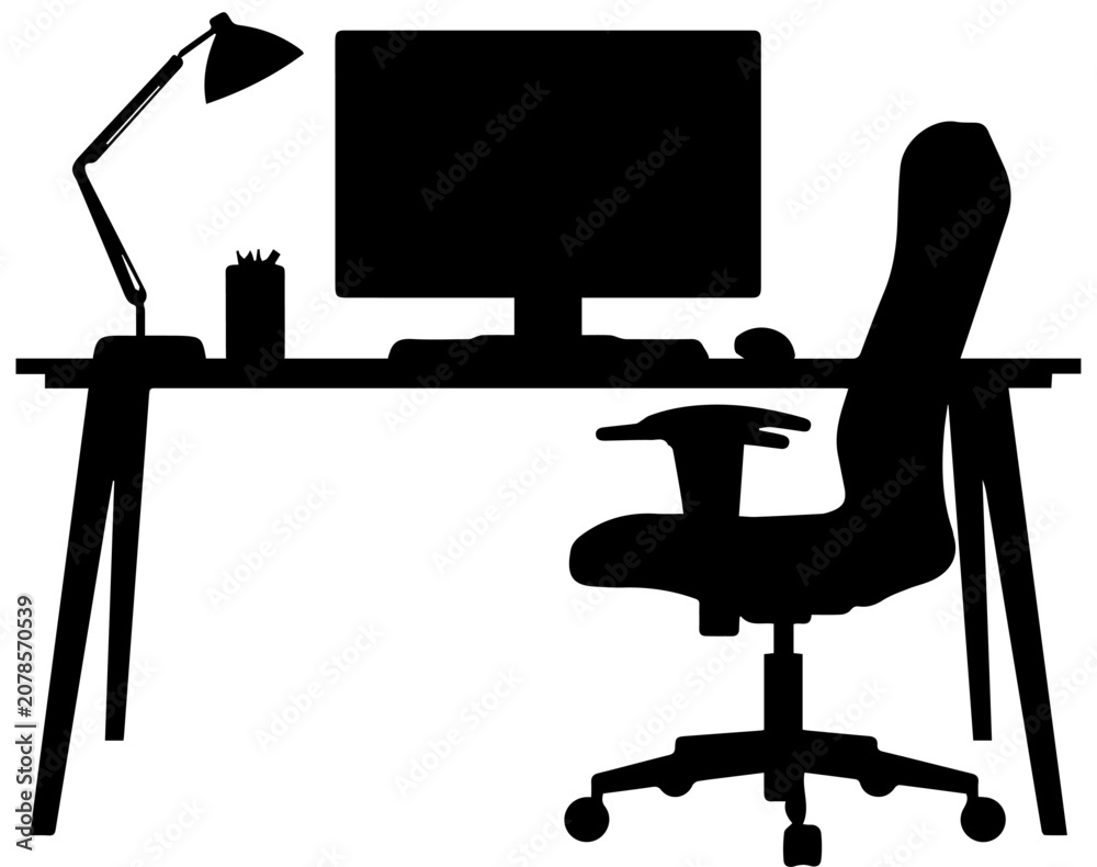 Fototapeta premium Black silhouette of a home office workspace featuring a desk monitor ergonomic chair and lamp on a white background