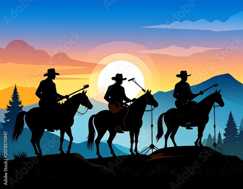 A serene western landscape at sunset with three cowboys on horseback