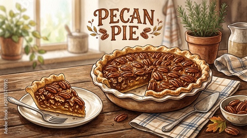 Pecan Pie Watercolor Illustration with Hand Lettered Title