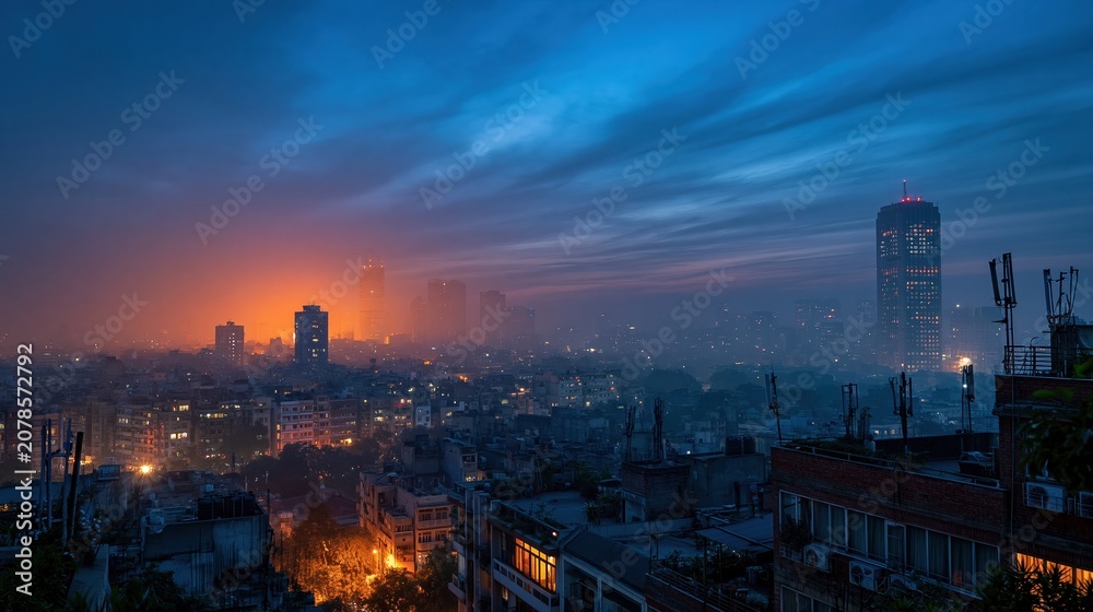 Fototapeta premium Sprawling Indian city skyline shrouded in thick smog during blue hour, showing a murky atmosphere with glowing lights for environmental and urban themes