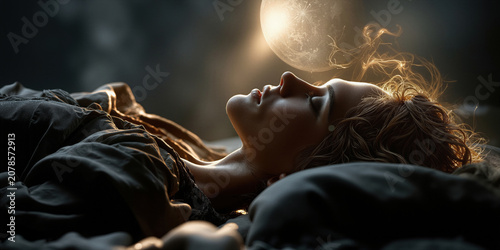 Serene woman under luminous moon. Contemplative lady resting beneath shining moonlight