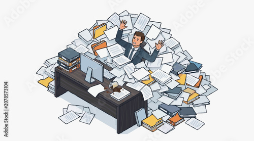 Tableau sur toile Overwhelmed Office Worker with Paper Chaos.