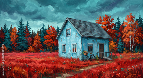 Surreal Blue House in Autumn Landscape Painting with Red Meadow and Stormy Sky

