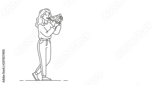 A girl happily enjoying a slice of pizza with a bite taken out of it, depicted in a clean line art illustration against a white background