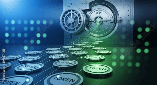 Digital currency tokens flowing into secure vault for data storage