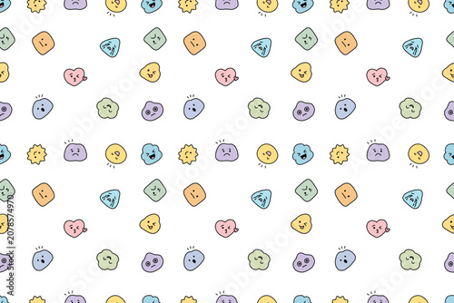 Seamless pattern of colorful hand drawn emoticon blobs with varied facial expressions on white background for playful kids packaging stationery and textile use, with emoticon, pattern, seamless