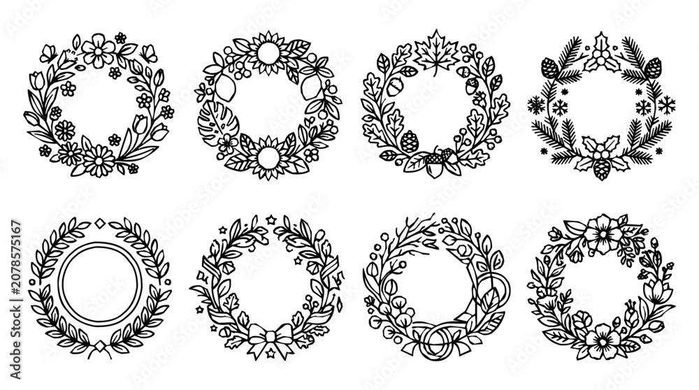 Fototapeta premium Decorative seasonal floral wreath set with botanical border designs for various celebrations