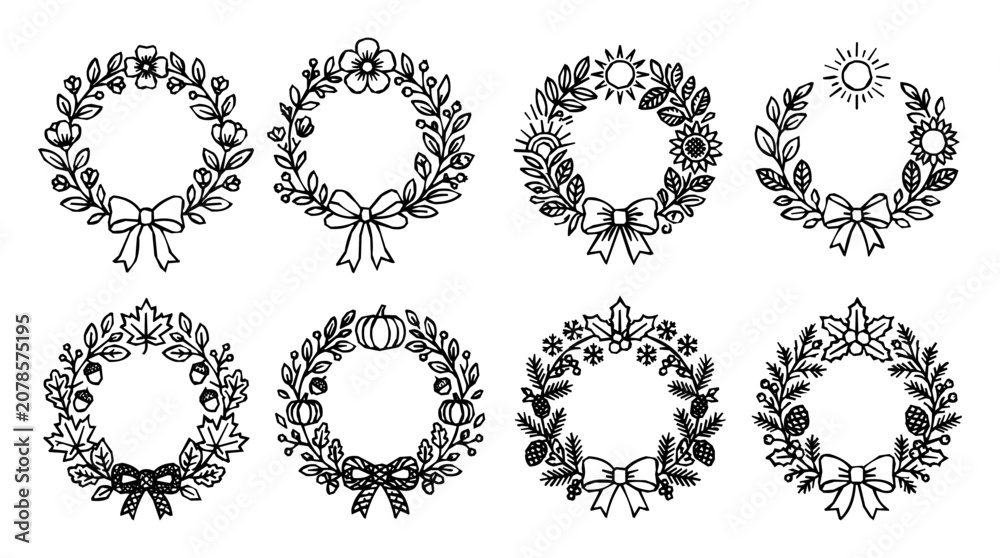 Fototapeta premium Set of floral wreath seasonal frame sketch designs for holiday and botanical nature decoration.