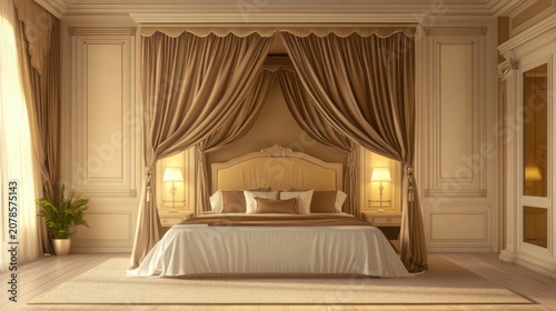 Bedroom displays a luxurious canopy bed draped with elegant beige curtains in a sophisticated classic setting.
