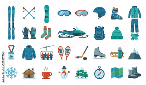 Photos Winter Sports Flat Icons Set with Ski Equipment Snowboard Helmet Goggles and War