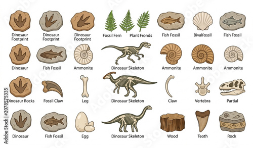 Obraz na plátně Prehistoric Fossil Stone Vector Collection with Dinosaur Tracks Skeletons Fish a
