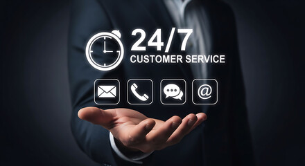 Businessman holding 24 7 customer service and communication contact icons