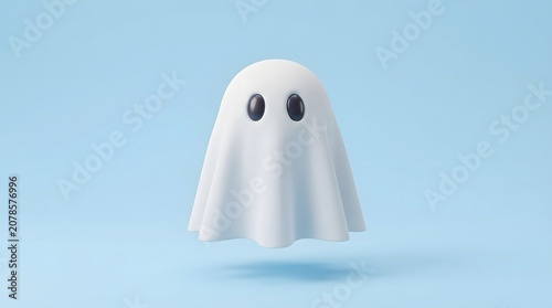 Cute 3d ghost character floating on a solid light blue background