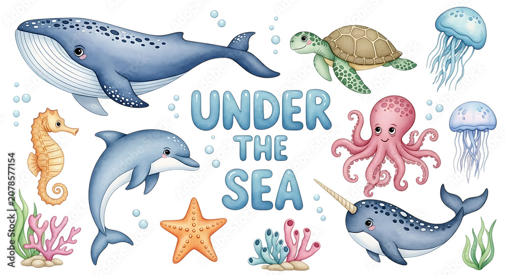 Fototapeta premium Cute under the sea marine life collection featuring a whale dolphin turtle octopus seahorse and narwhal with vibrant coral reef for kids isolated on a transparent background