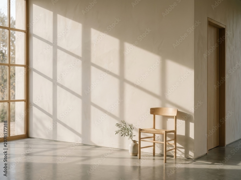Fototapeta premium Wooden chair and flower vase in a sunny room with shadows