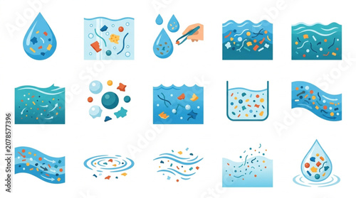 Schilderij op canvas Collection of water pollution and clean water illustrations.