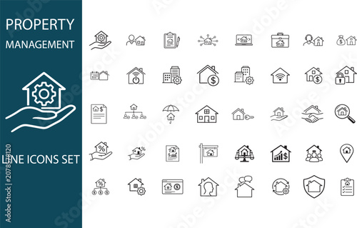 Fotografie Property management thin line icon set with editable stroke for real estate, rental, and maintenance