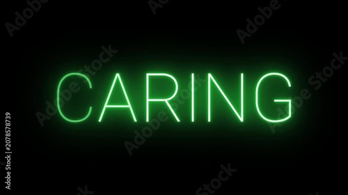 Flickering neon green glowing caring sign animated black background.
