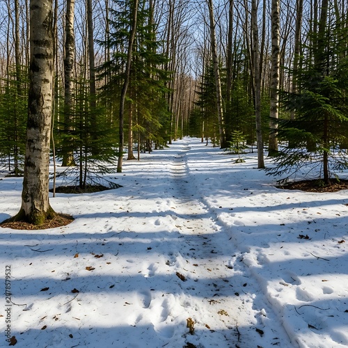 Snowy Forest Path in Winter with Tall Trees and Shadows.