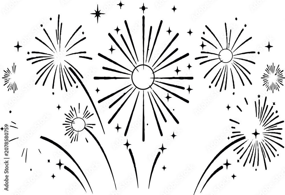 Obraz premium Fireworks display black and white vector illustration on a white background