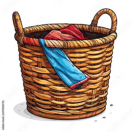 Hand drawn illustration of a woven wicker laundry basket with colorful clothes inside.