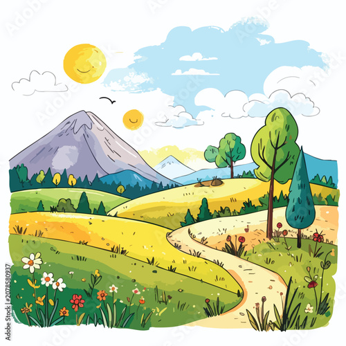 A vibrant hand drawn cartoon landscape with rolling hills and a winding path.